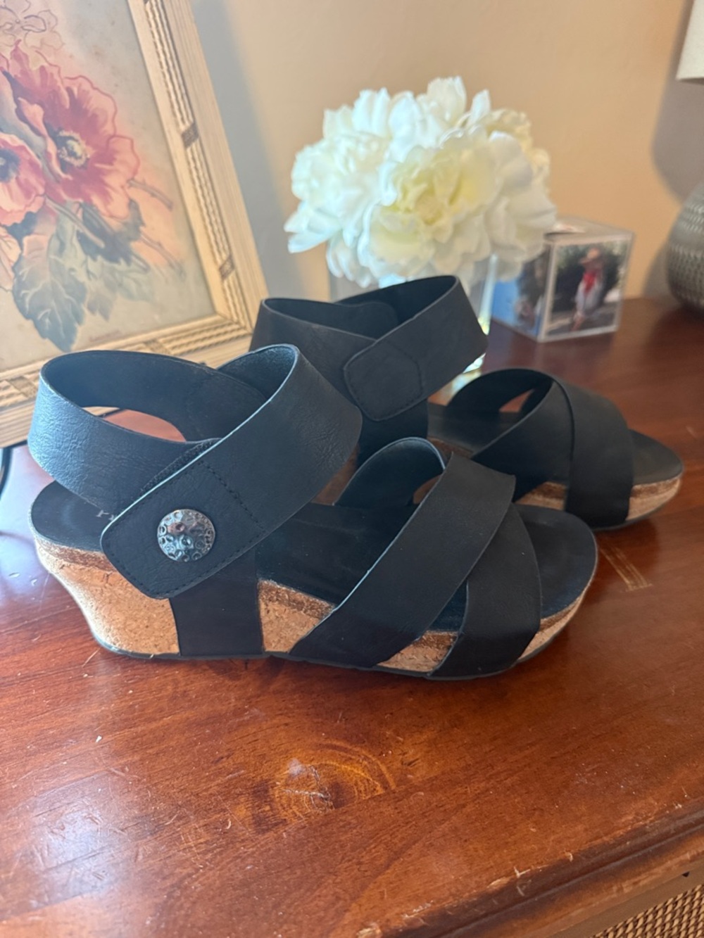 Pierre Dumas Black Cork Wedge Sandals with Cross Straps